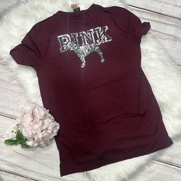 Victoria Secret PINK Burgundy Silver Sequin Bling Sparkle Logo T-shirt